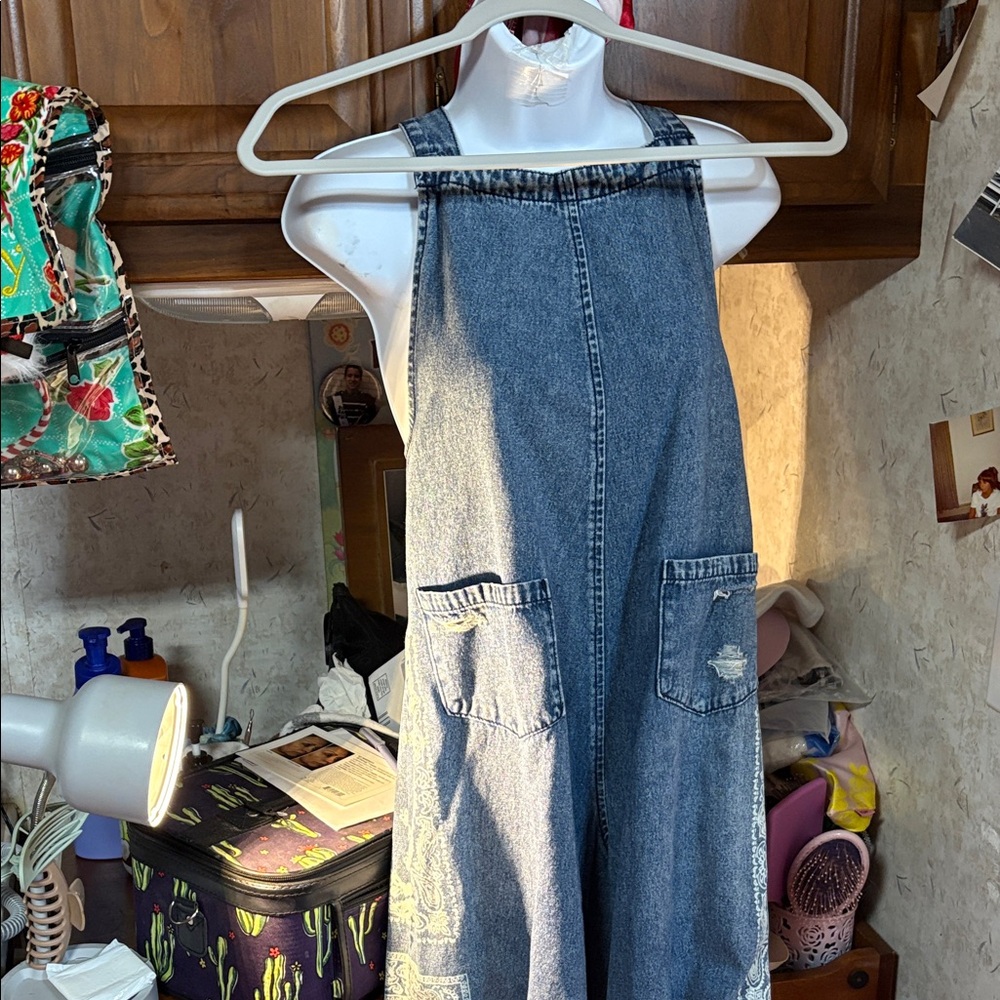 Denim Overall pants with distressing Like new- 1 time worn for a show to model